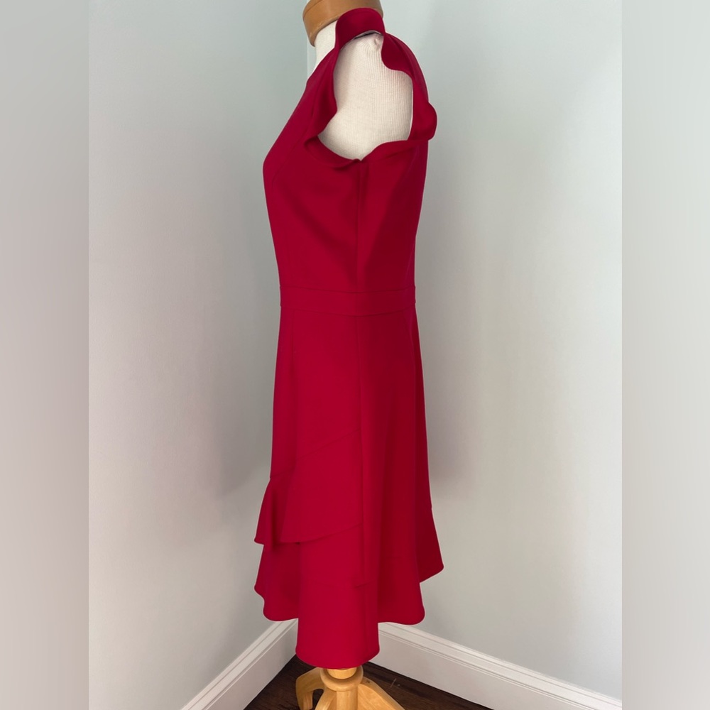 BROOKS BROTHERS RED FLEECE Red Sheath Dress Low V-Neck Back Ruffle Lined Size 8